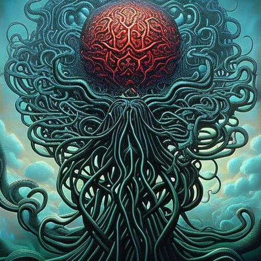 "A disturbing painting of a floating brain made of many small eyes and surrounded by tentacles"