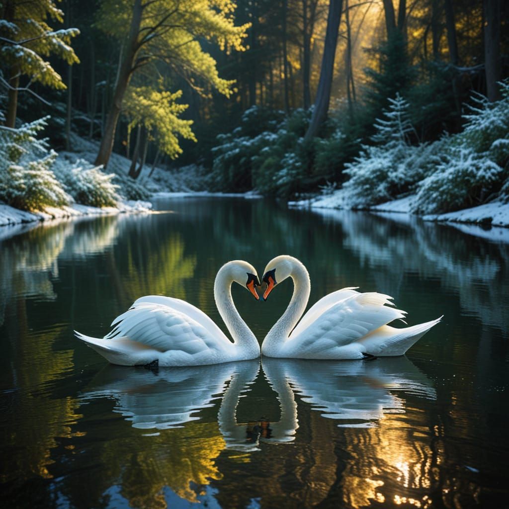 Stunning Swans in Chalk Drawn Heart Shape on Gentle Lake ami...