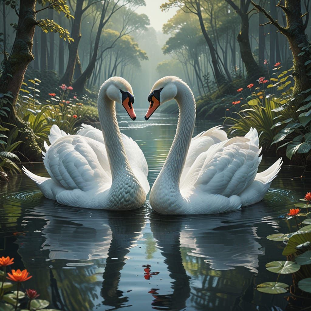 Vibrant Chalk Drawn Swans Embrace in Love Heart Shape on Ser...