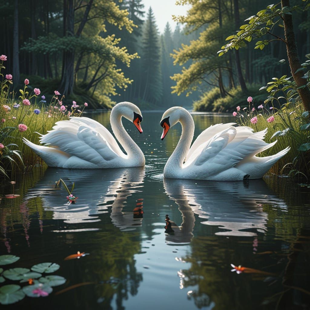 Swans Form Heart Shape on Serene Lake amidst Forest