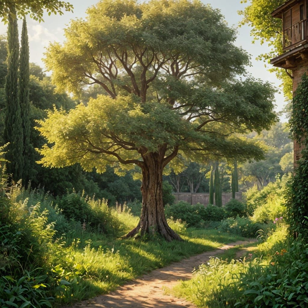 Sunlit Tree and Vegetation in Matte Painting Style