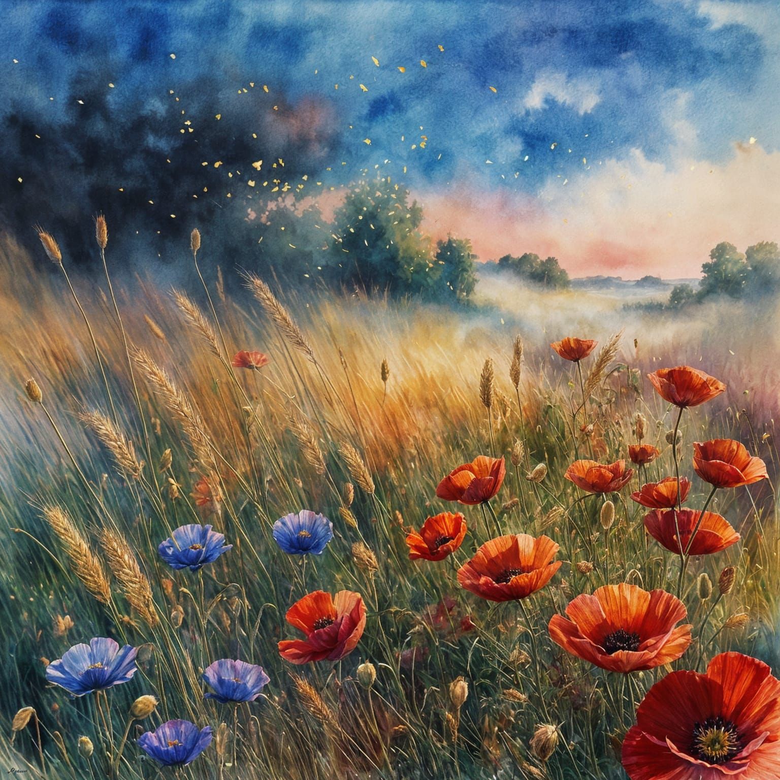 Summer Field Sunset Watercolor with Gold Accents