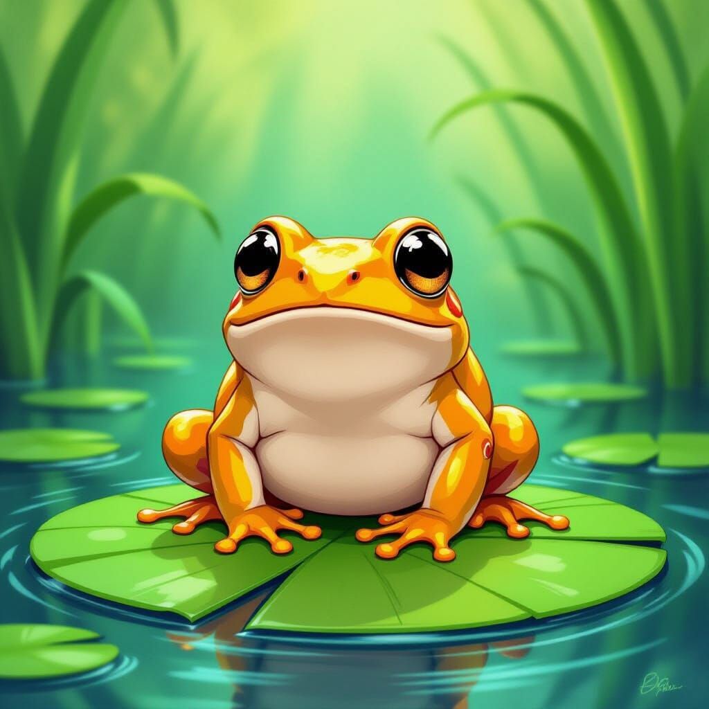Golden Frog on Lily Pad in Miyazaki Style