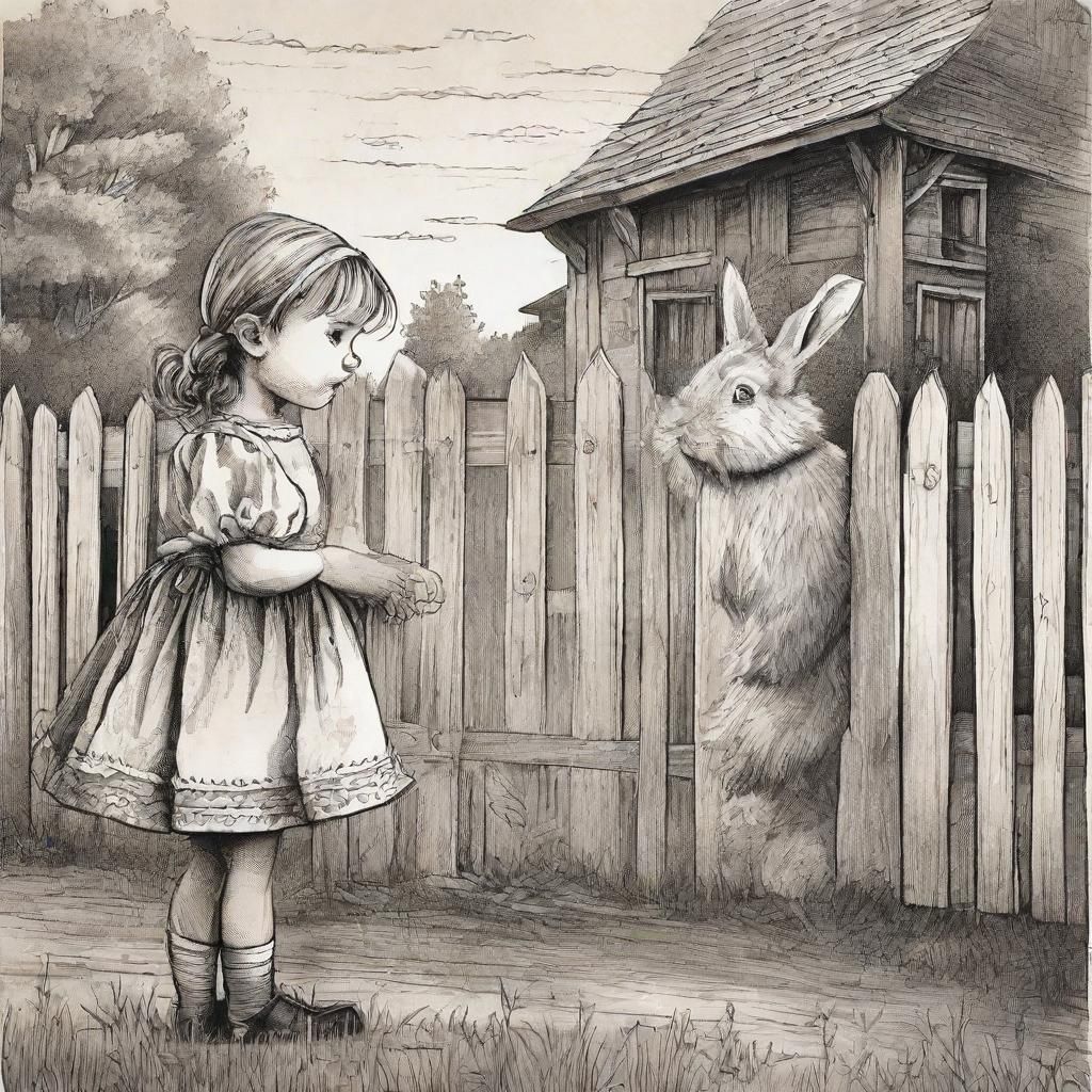 Girl and Rabbit Ink Illustration in Dürer Style