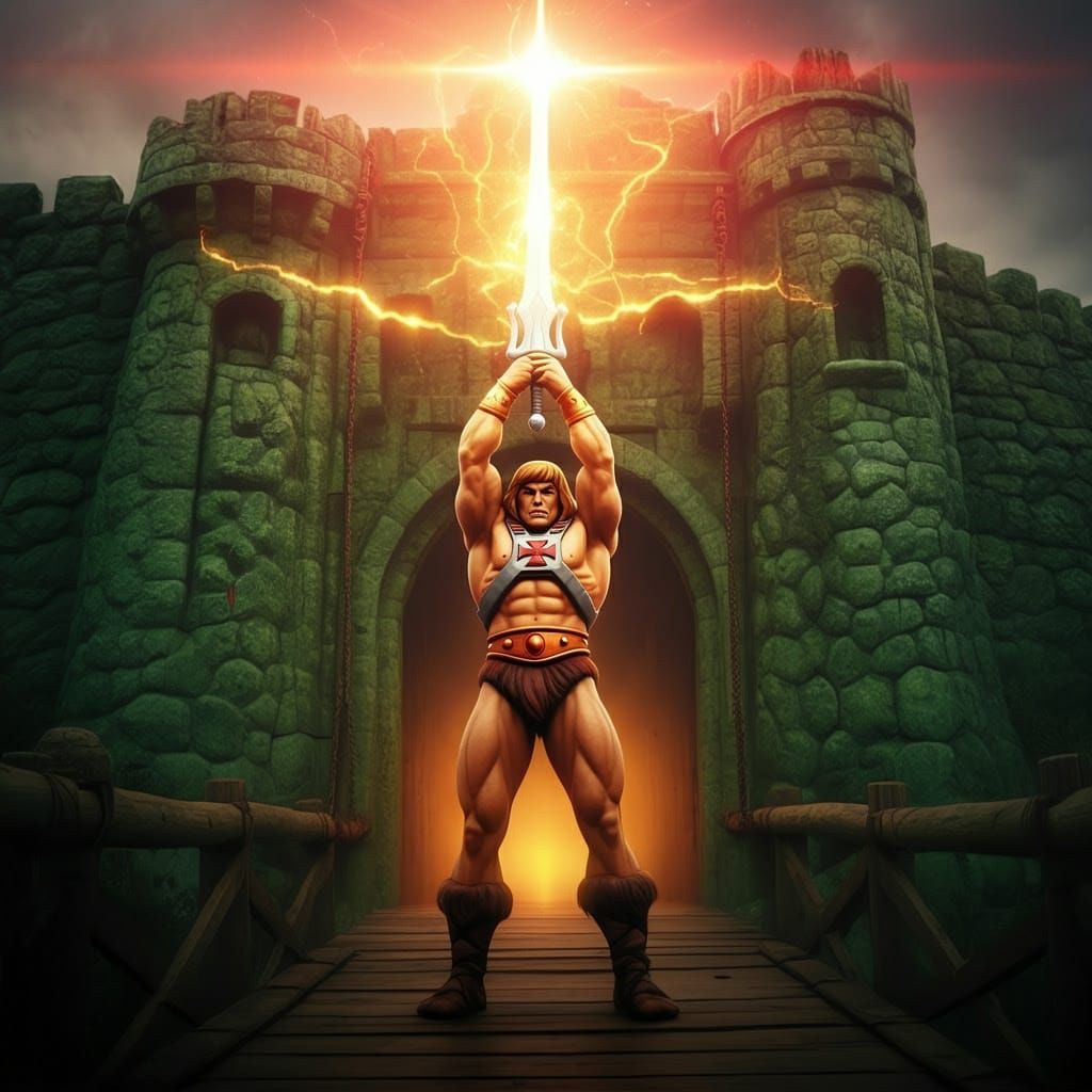Heroic He-Man Unleashes Golden Power in Epic Fantasy Scene