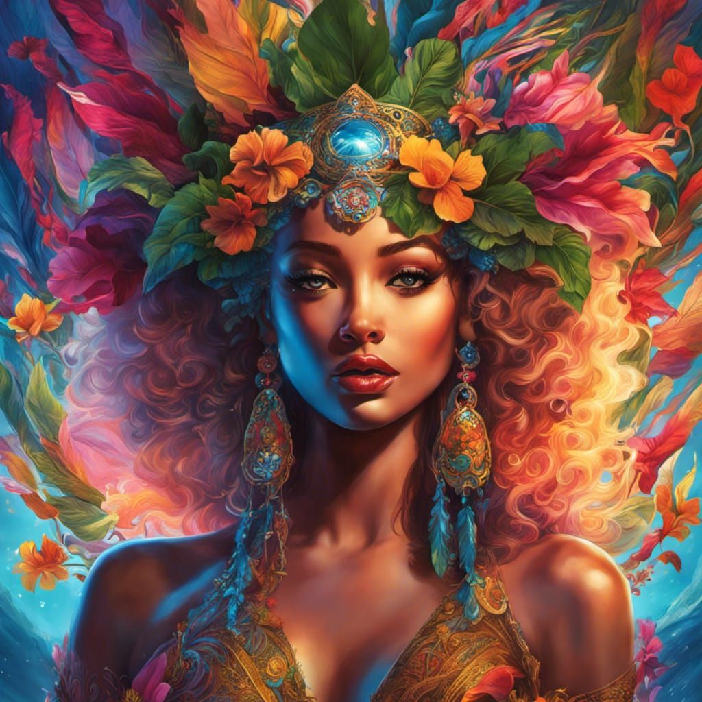 Hawaiian Goddess in Glowing Water, Graffiti Art Style