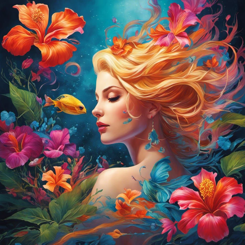 Hawaiian Goddess Floating in Blue Water, Graffiti Art