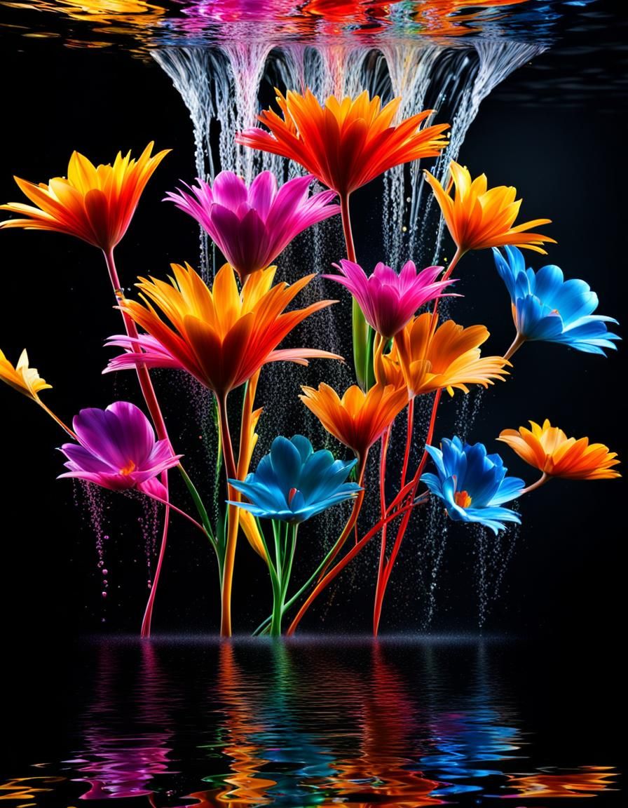 Splatter Flowers Reflections in Majestic Waterfall