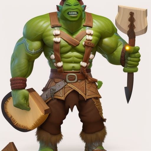 Green Orc Lumberjack Portrait with Double-Headed Axe