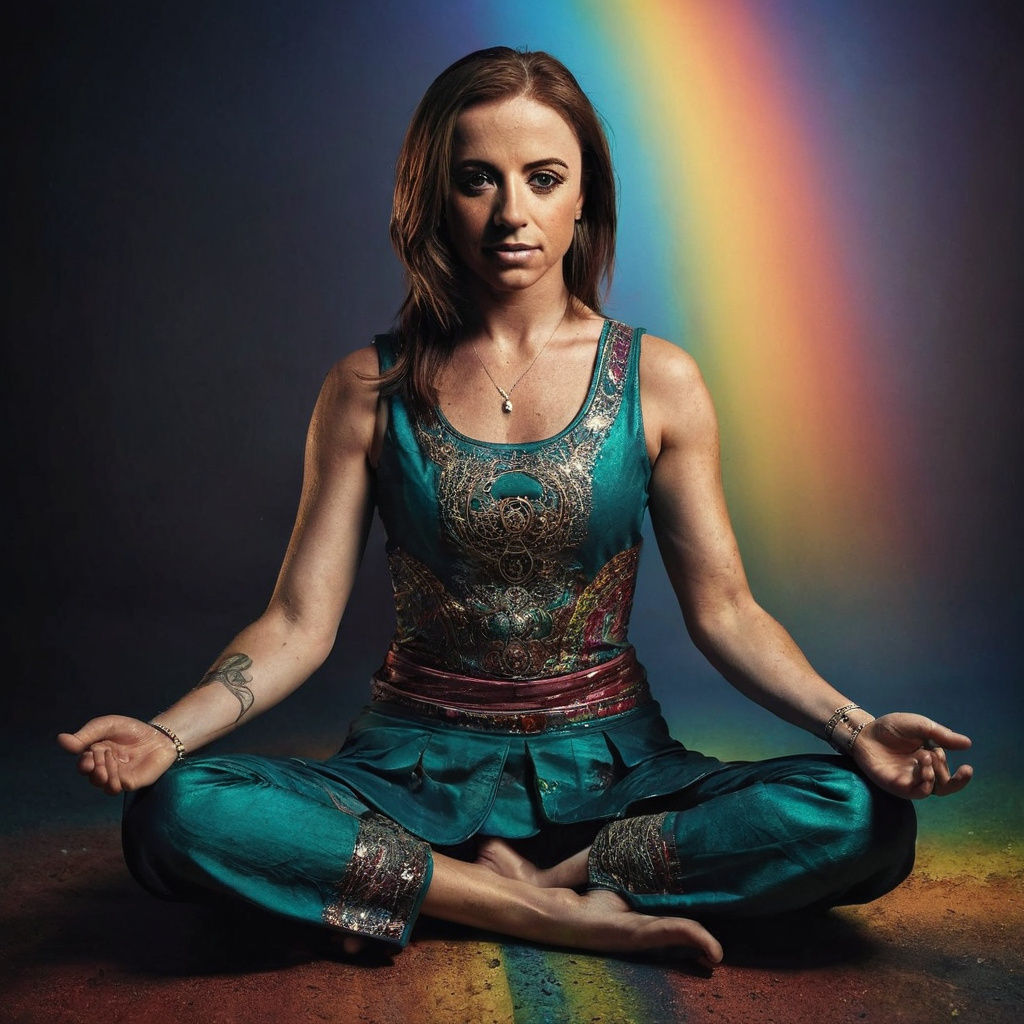 Buddhist Goddess in Lotus Pose Illuminated by Rainbow Light