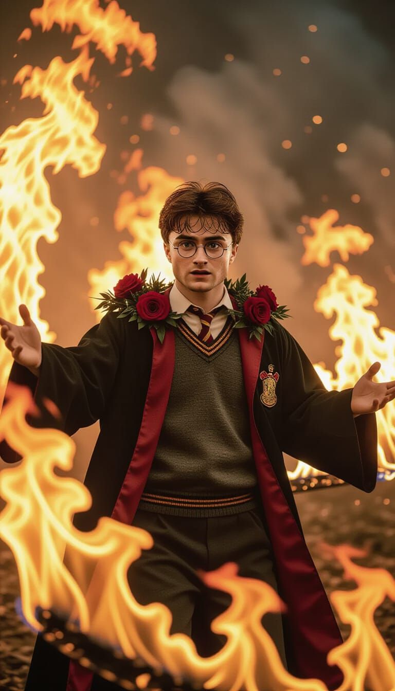 Harry Potter Surrounded by Flames and Roses: Cinematic Still