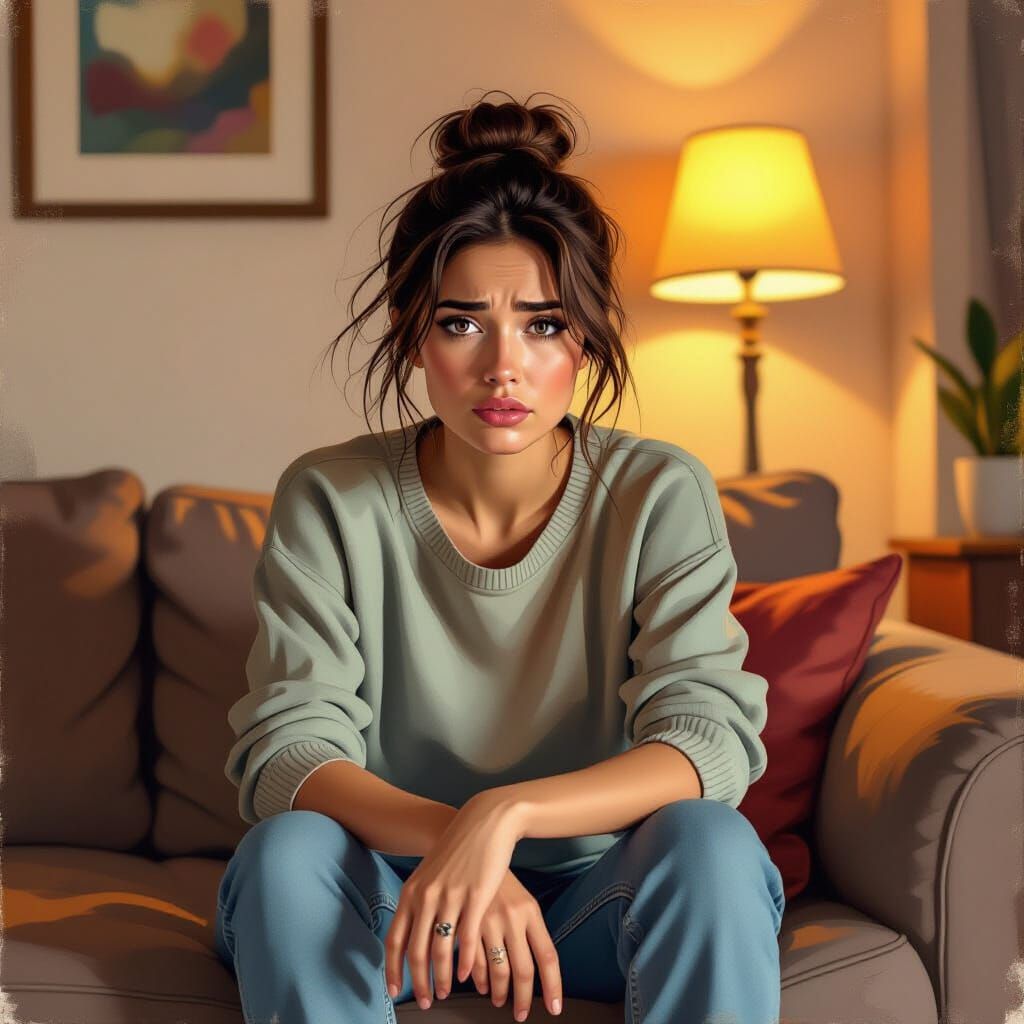 Worried Woman in Living Room, in Impasto Style