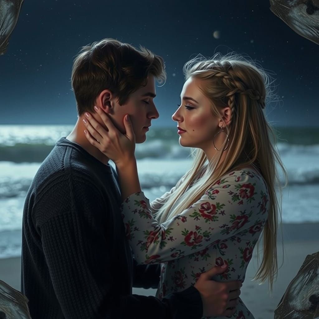 Romantic Beach Embrace in Cinematic Style