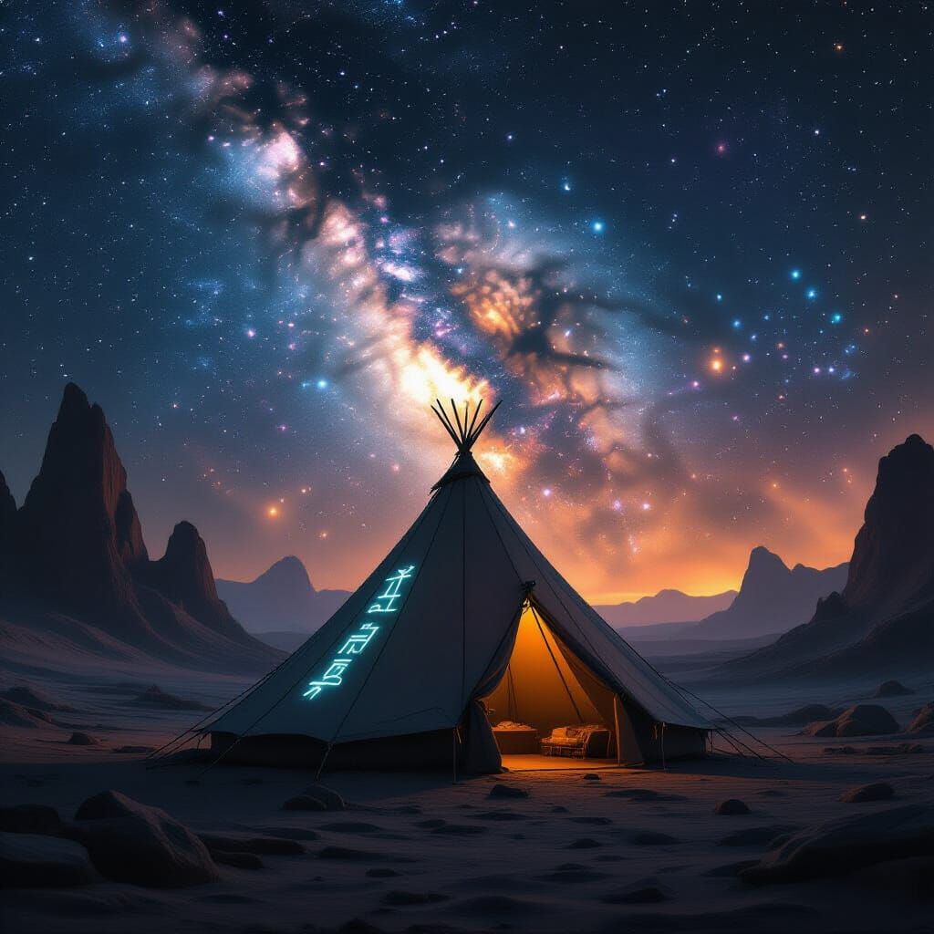 Ancient Tent in Cosmic Nebula with Glowing Runes