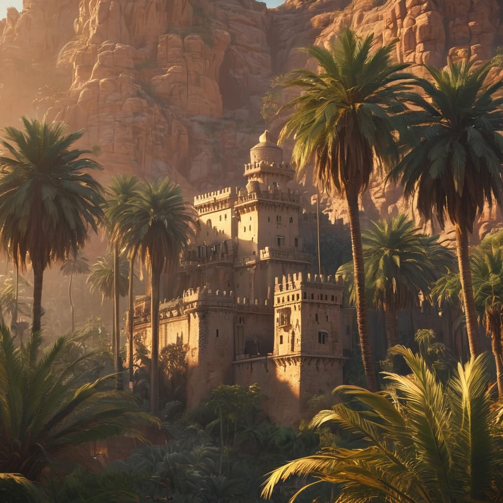 Desert Oasis: Ancient Castle in Anime Style