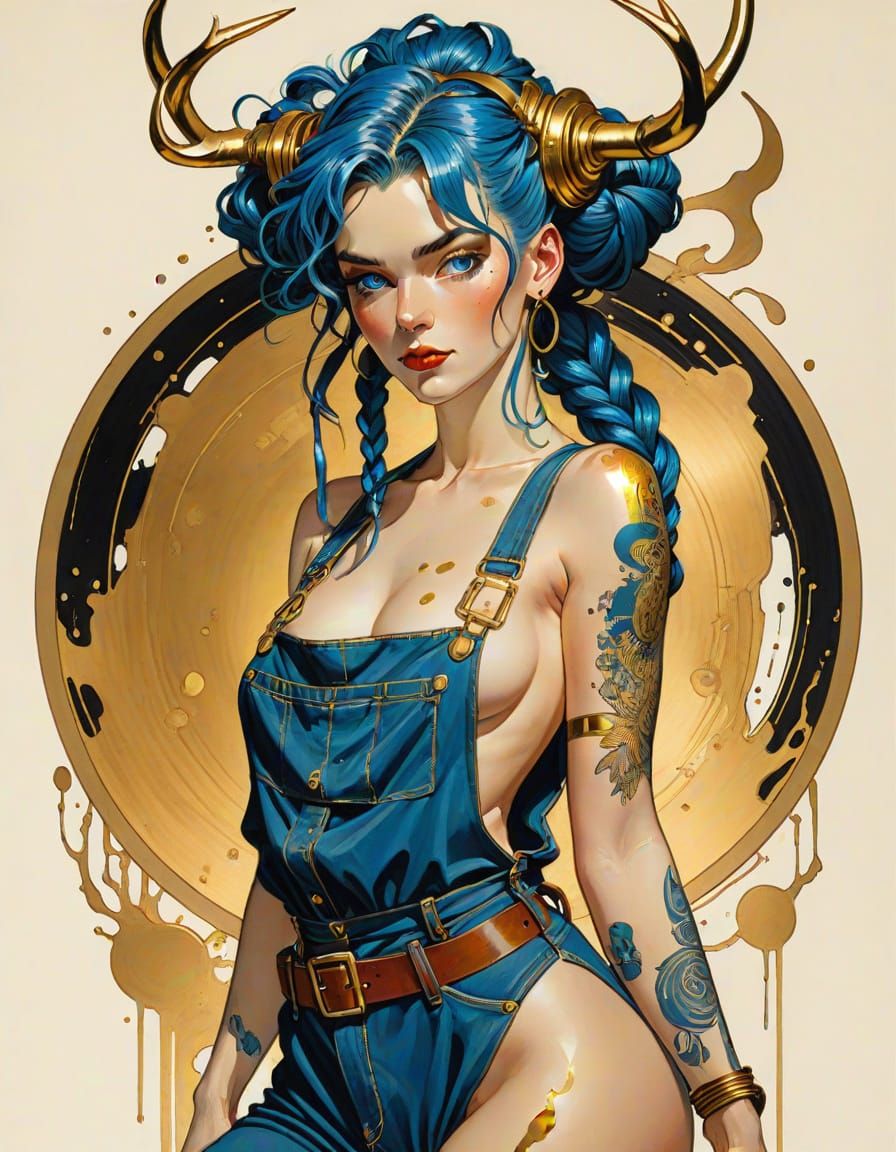 Golden Blue Goddess with Majestic Antlers