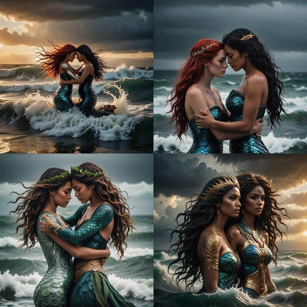 Mermaids and Aztec Goddesses in Ocean Storm, Holding Each Ot...