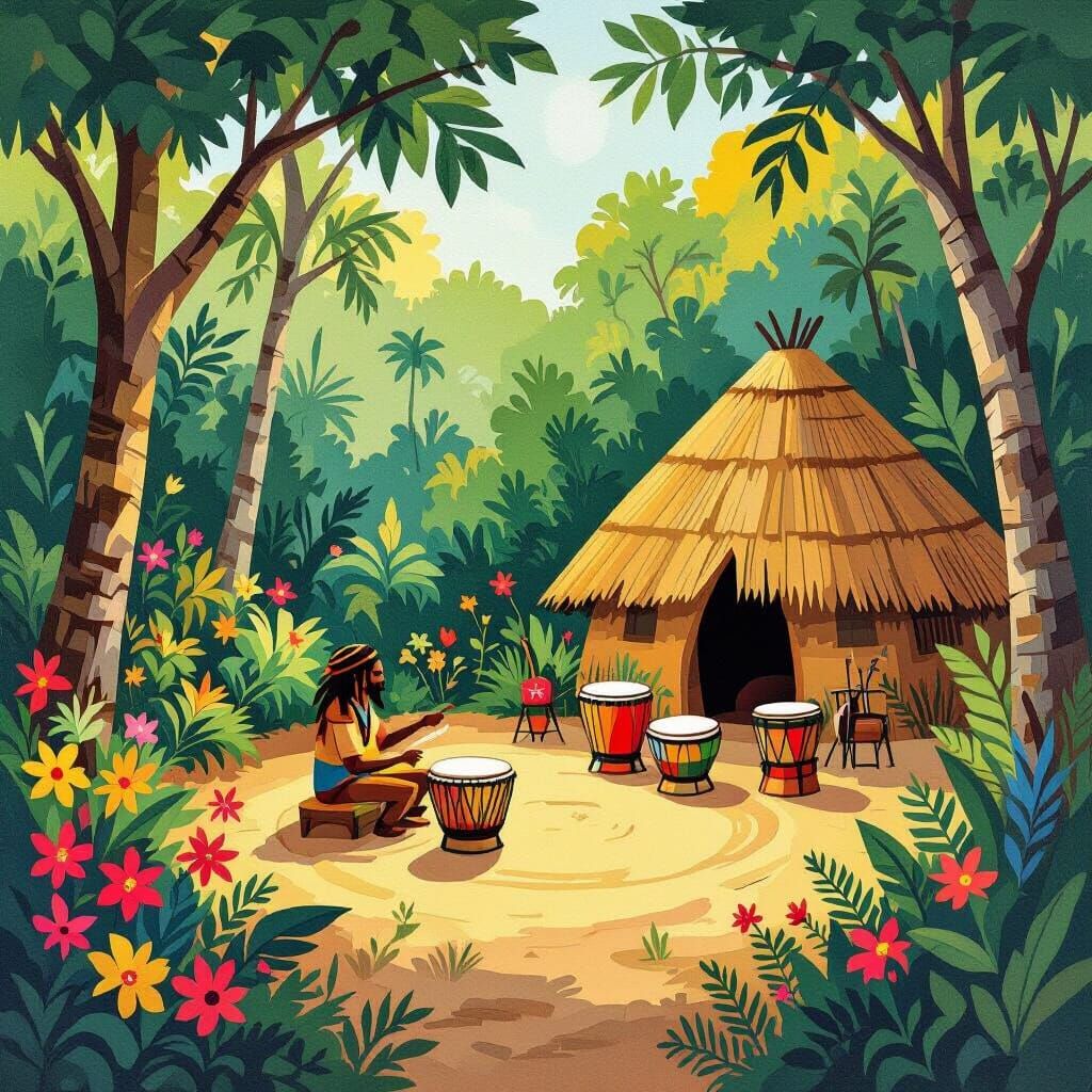 Rastafarian Hut in Jungle with Drum Circle, Bold Art