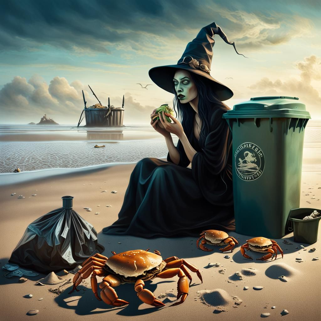 Surreal Witch Eats Crab on Beach