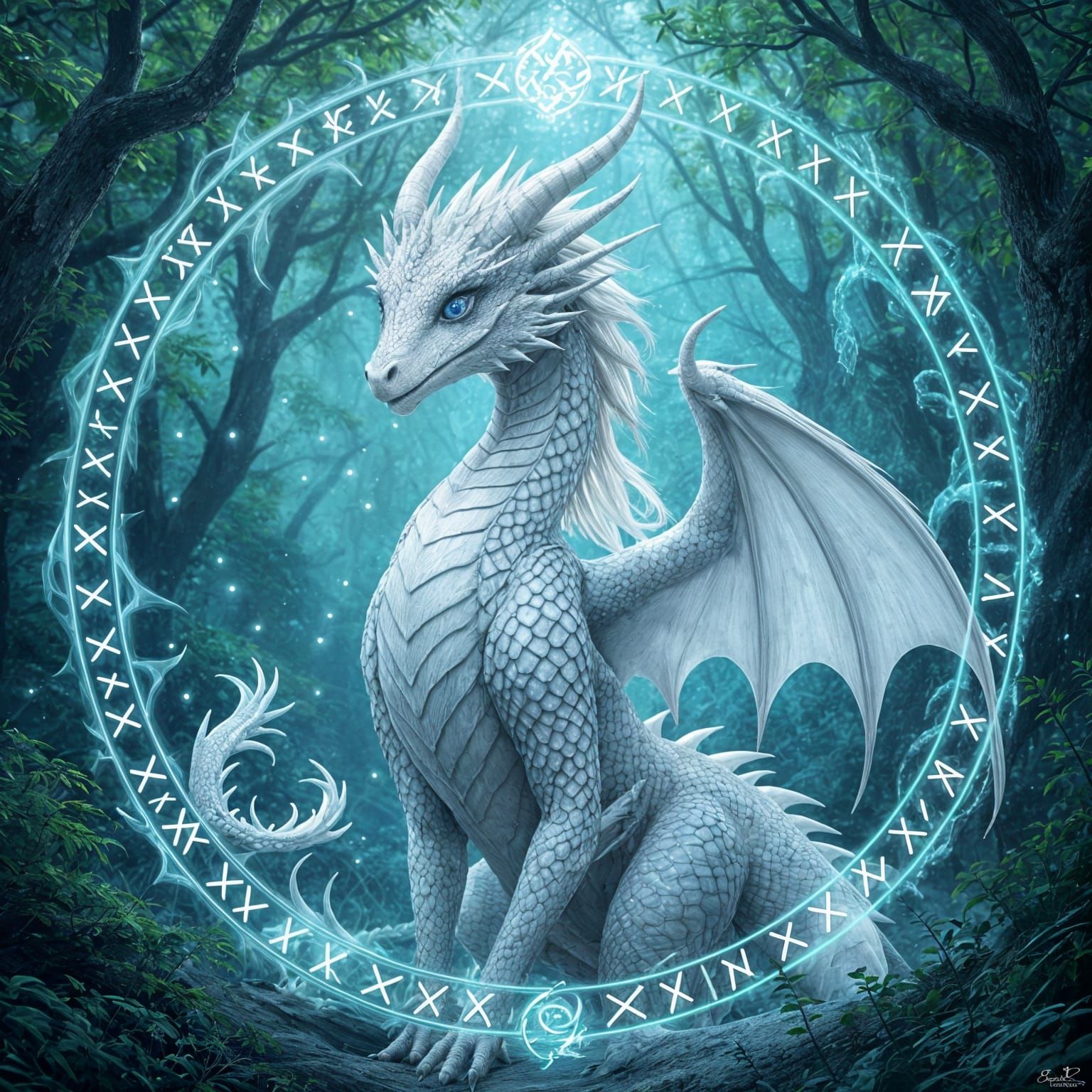 Majestic Dragon in Mystical Forest with Runes