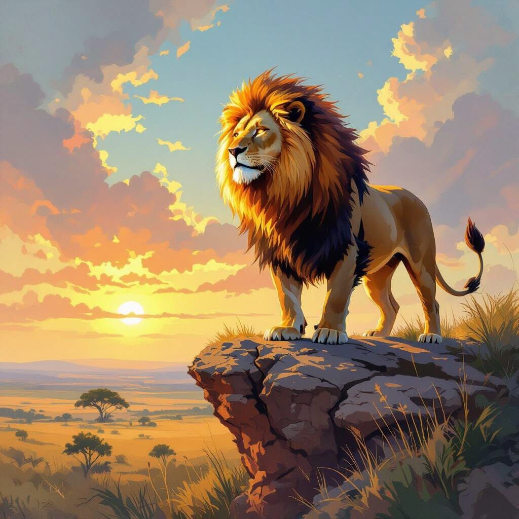 Fiery Lion Overlooking Savanna, in Expressionist Style