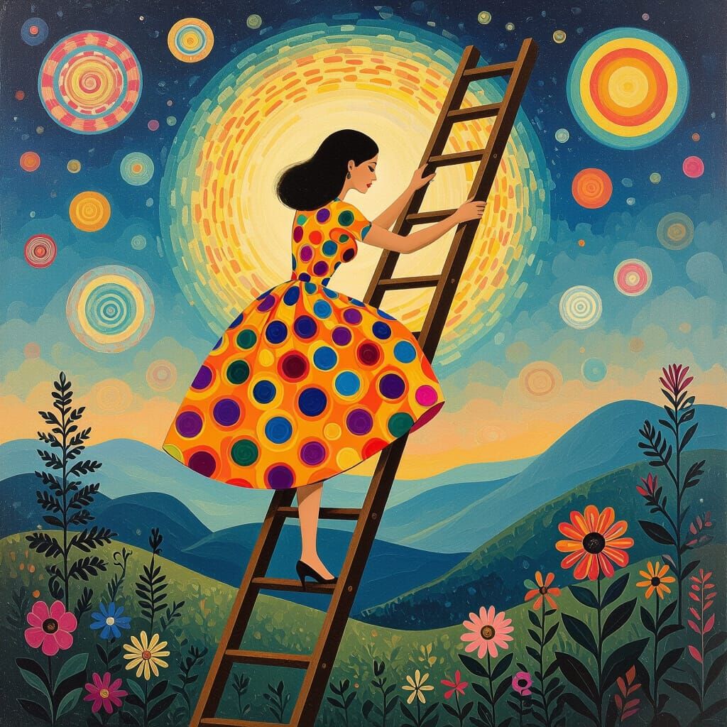 Polka Dot Dream: Woman Climbing Ladder
