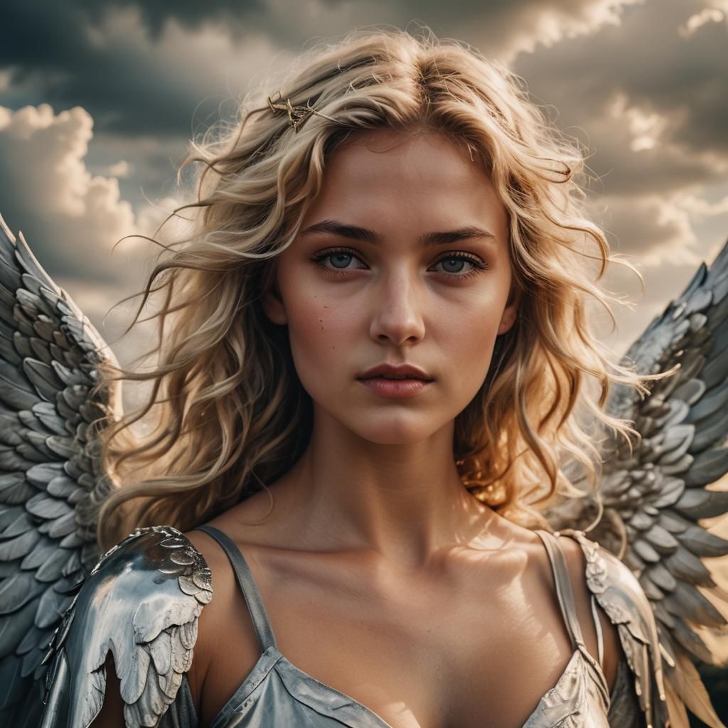 Seductive Blonde Angel with Silver Wings in Golden Light