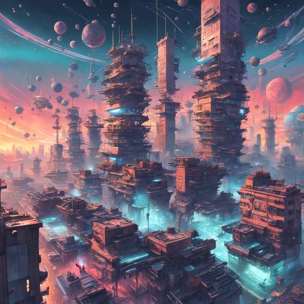 Cosmic Spaceship Swarmed by Planets in Vibrant, Gradient Sky