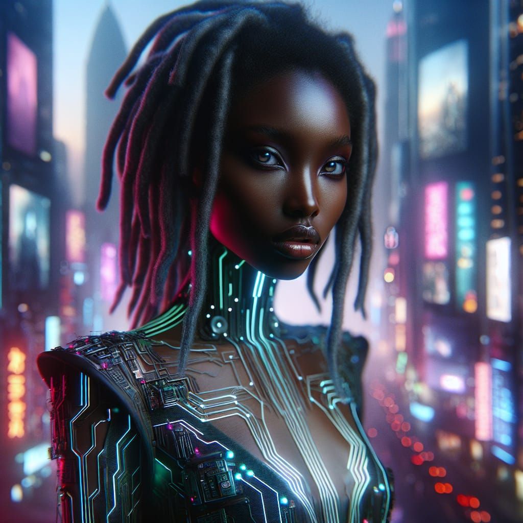 Cyberpunk Haute Couture Goddess in Neon Cityscape