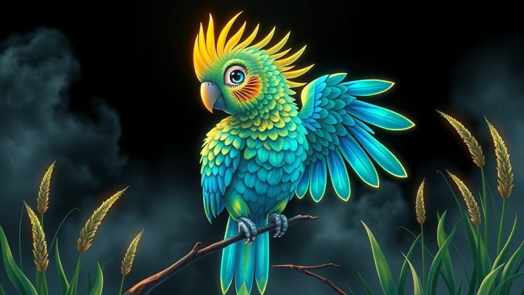Chibi Parakeet with Fractal Feathers in Anime Style