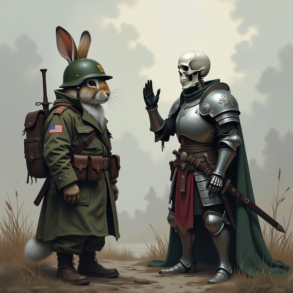Veteran Rabbit Salutes Skeleton Paladin in Dark Fantasy Art
