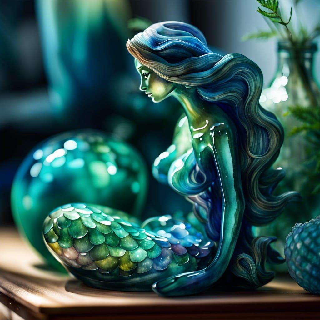 Watercolor Glass Mermaid Figurine on Shelf