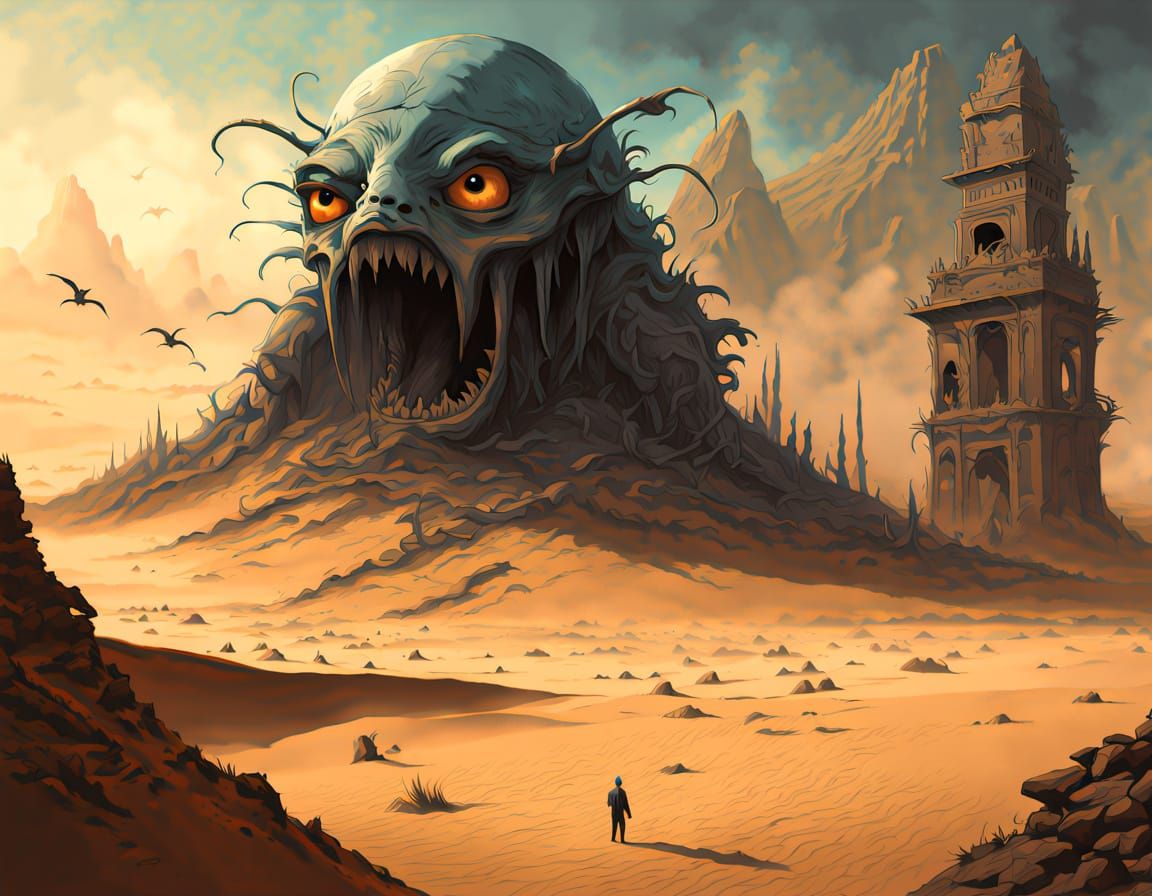 Ancient Desert Metropolis Revealed at Twilight in Watercolor