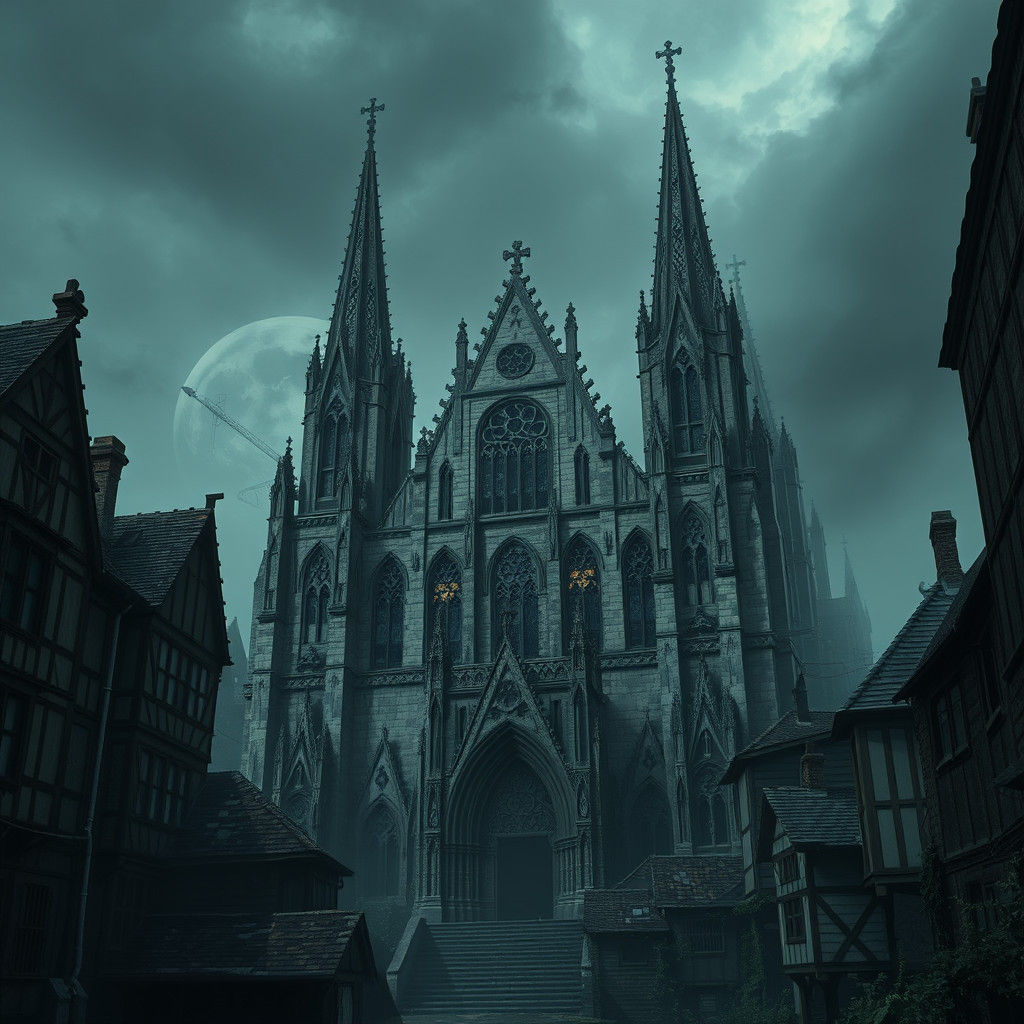 Granite Cathedral in Gloomy Medieval Cityscape