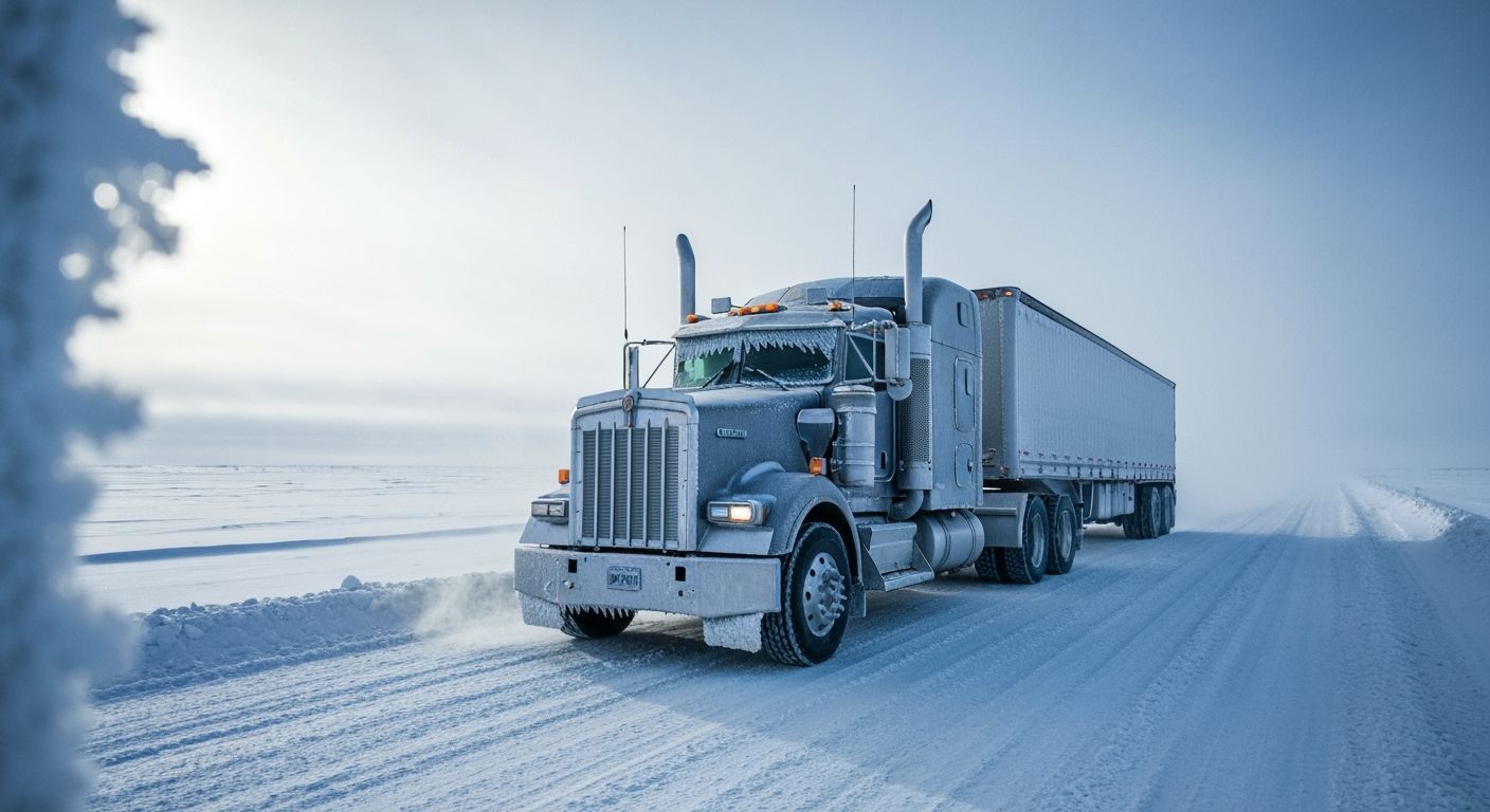 Frost-Covered Kenworth Truck on Arctic Ice Road