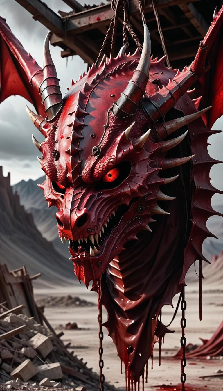 Ominous Dragon Mask in Dark Fantasy Wasteland
