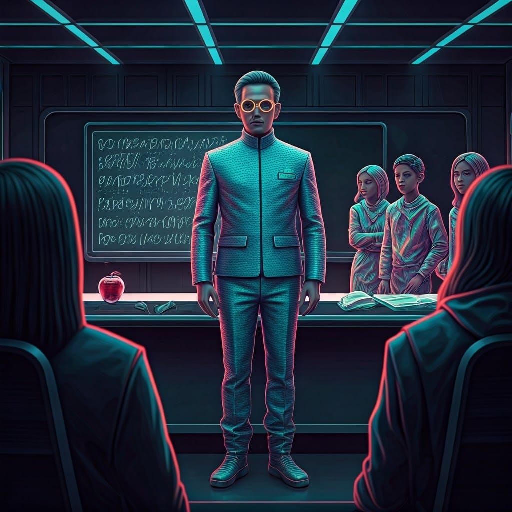 Futuristic Professor in Cyberpunk Classroom