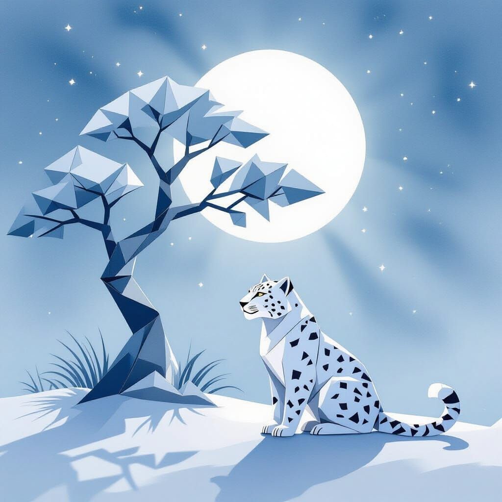 Elegant Origami Snow Leopard Under Moonlight Tree