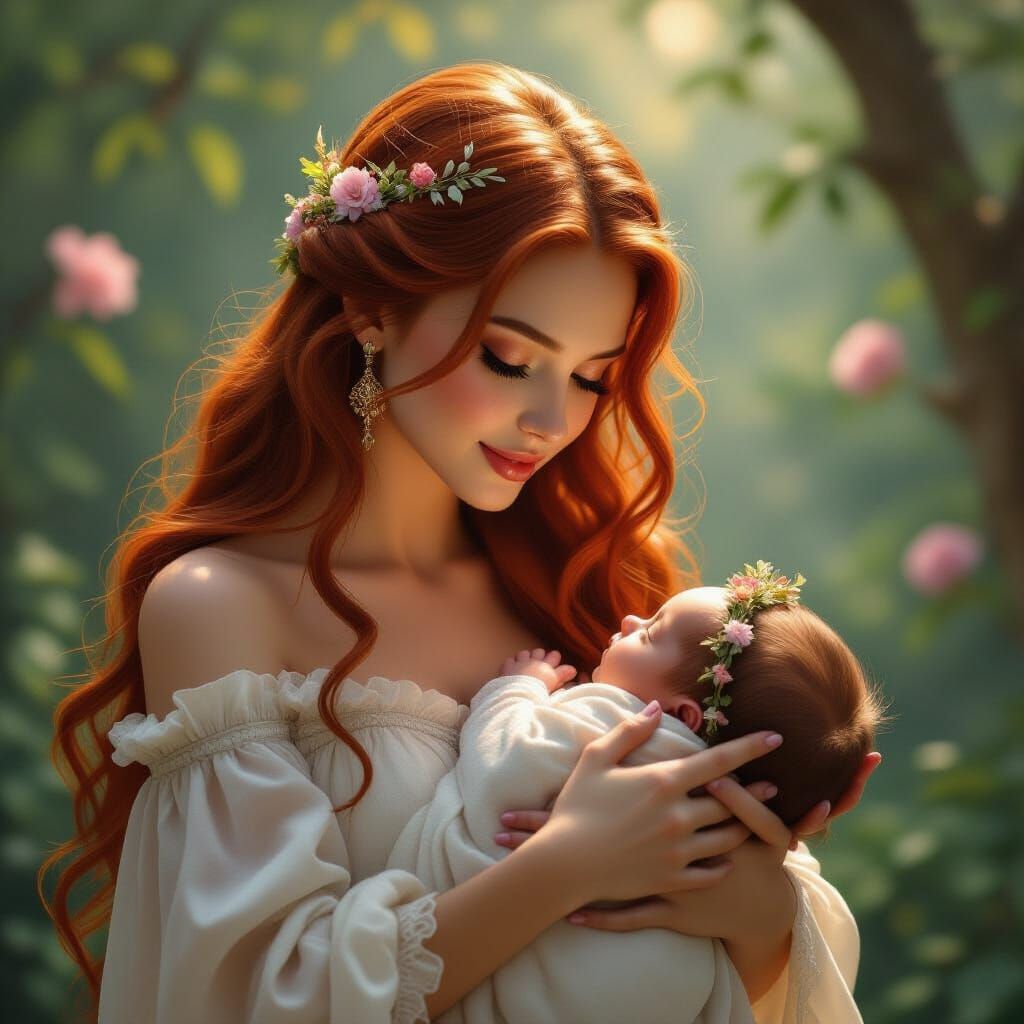 Flower Elf Mother Gazes at Newborn in Magical Light