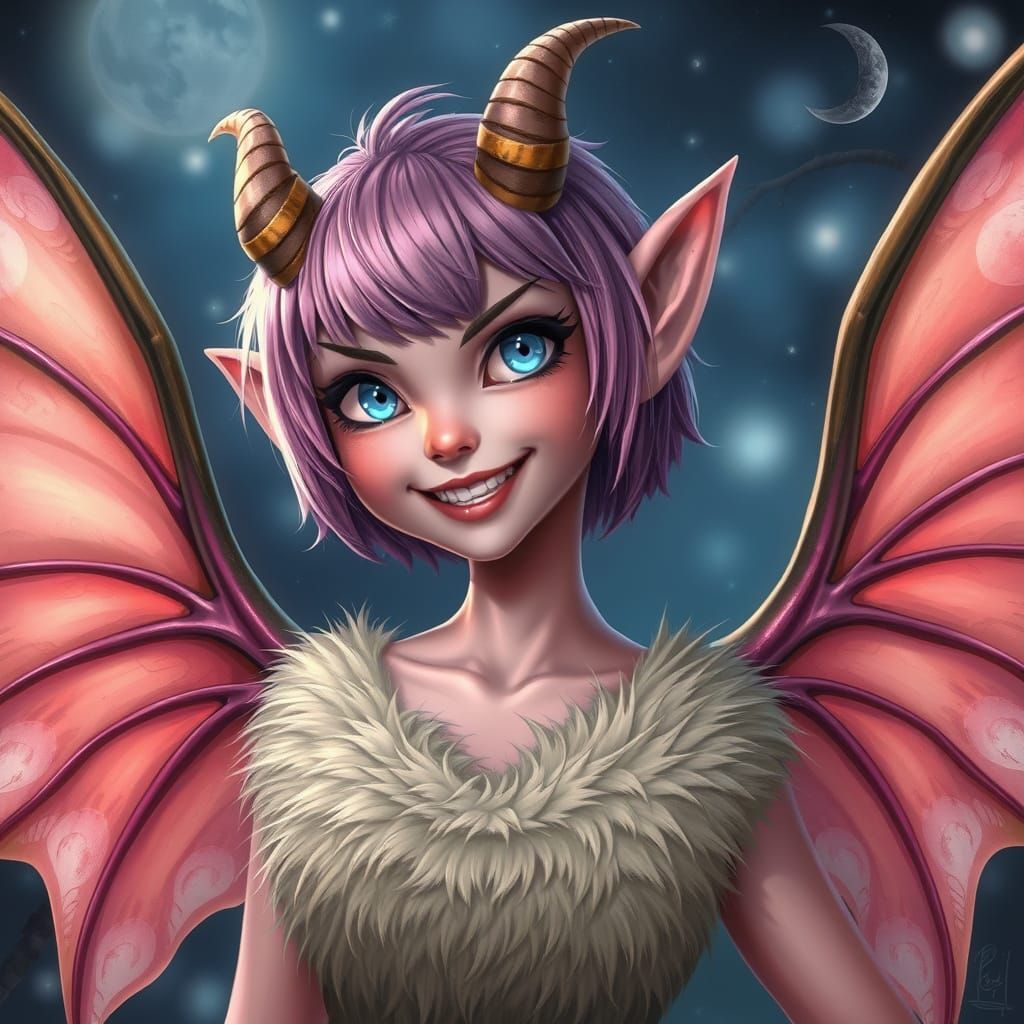 Whimsical Female Sprite with Bird Wings and Mischievous Smil...