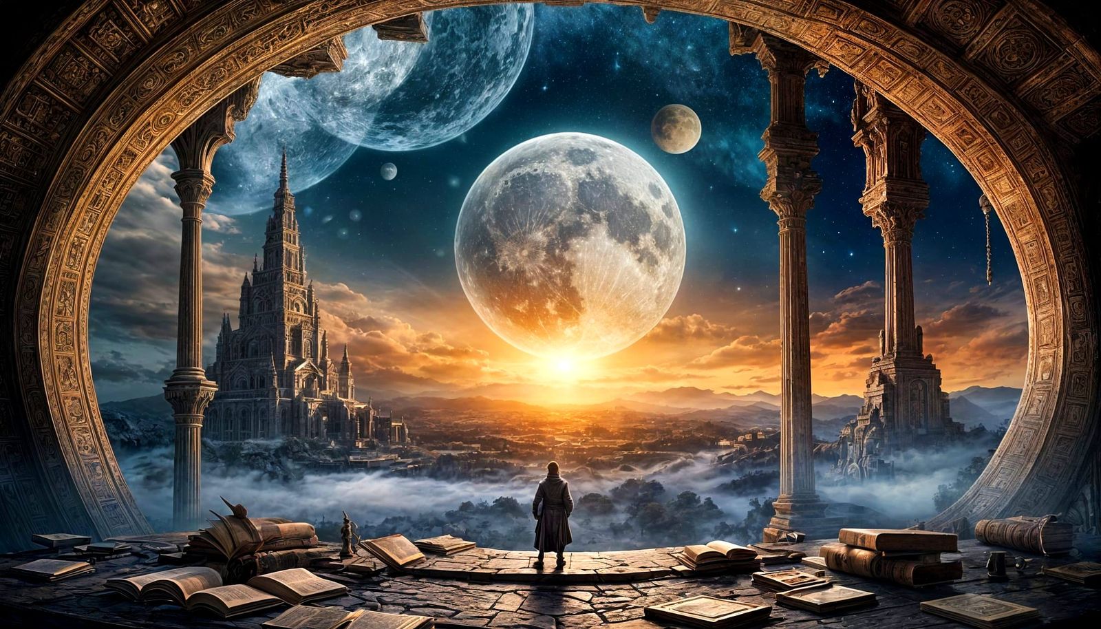 Ancient Moon Over Lone Figure with Cosmic Book