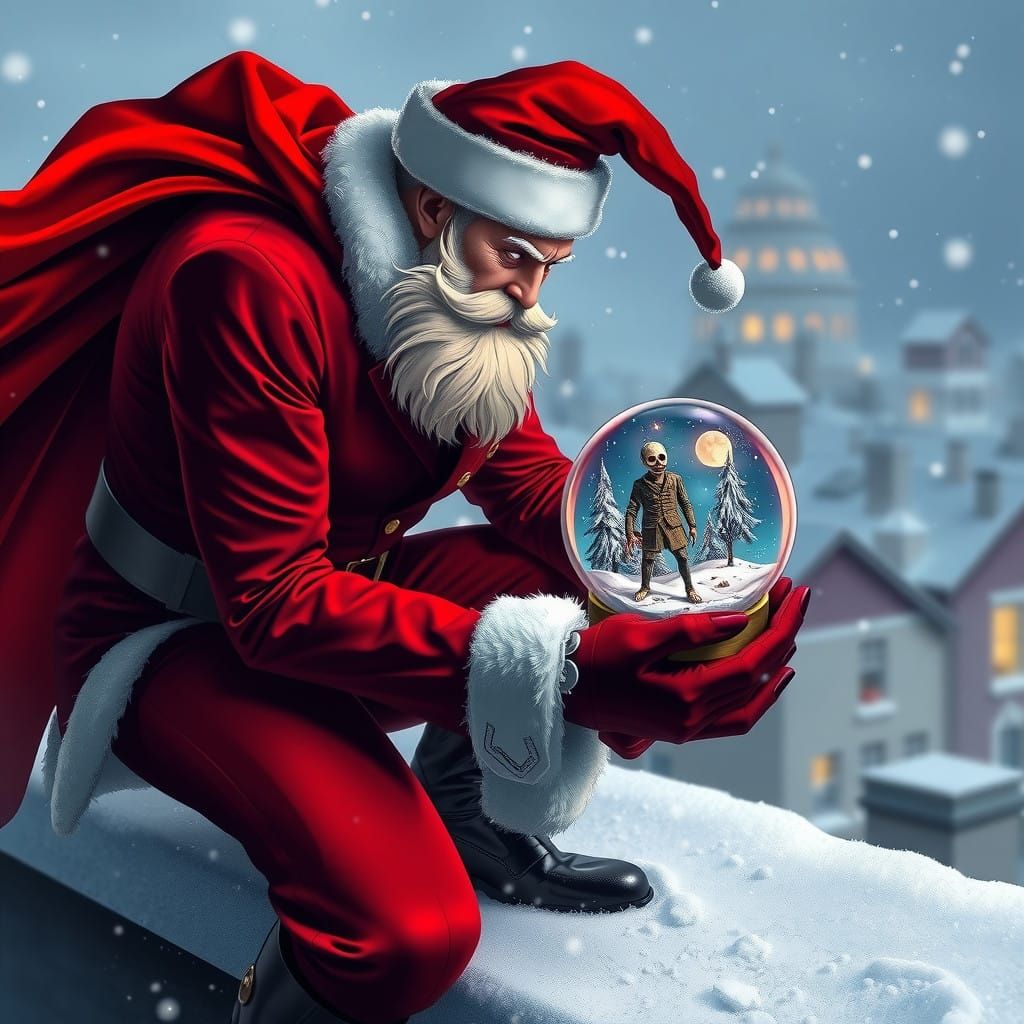 Sleek, Dark-Red Santa Claus Stares Down a Zombie in a Miniat...