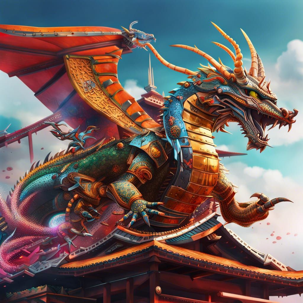 Mechanical Dragon Over Futuristic Temple: Hyperrealistic Con...