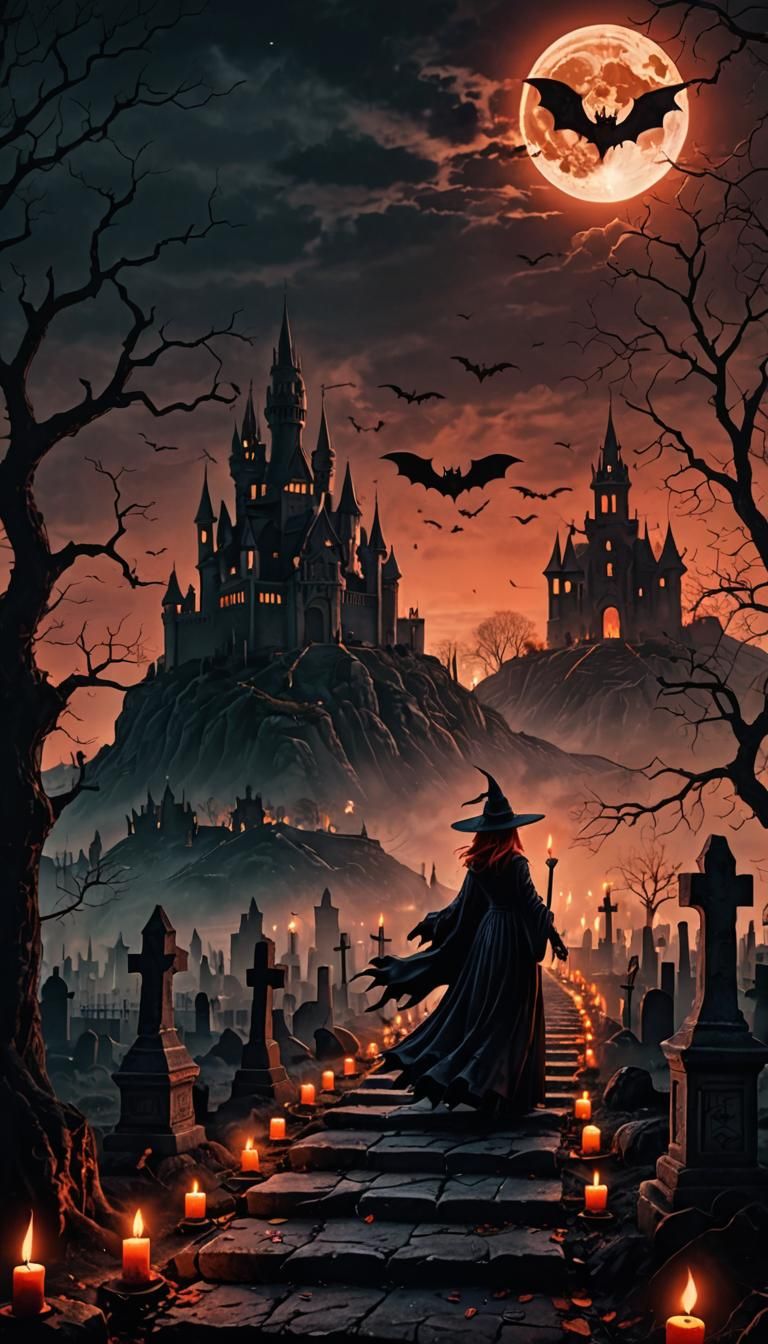 Halloween, a scary castle on a hill, there is a road made of blocks up the hill towards the castle, a nightmare witch wi...