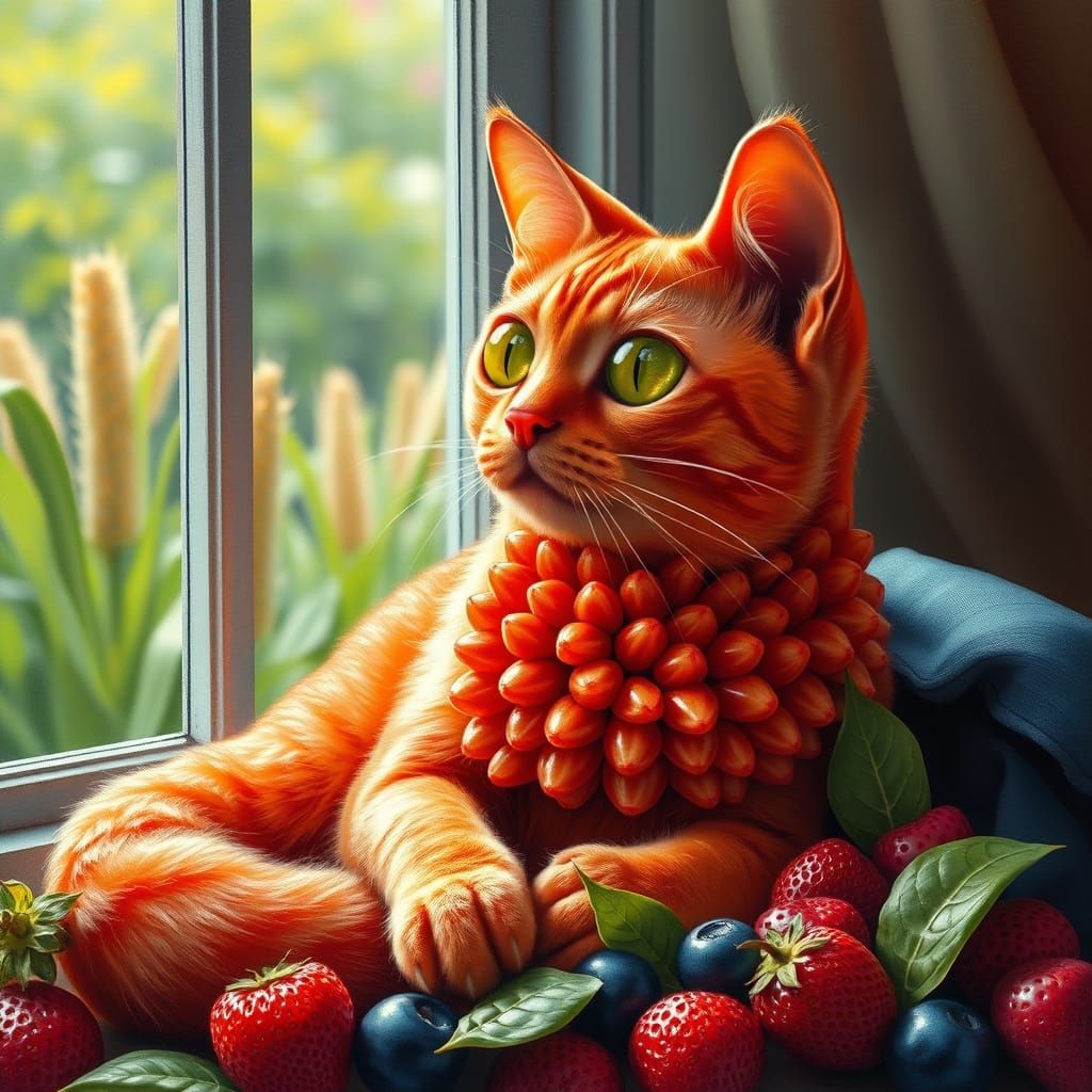 Gato caprichoso hecho de fruta fresas, pintura al óleo y aer...