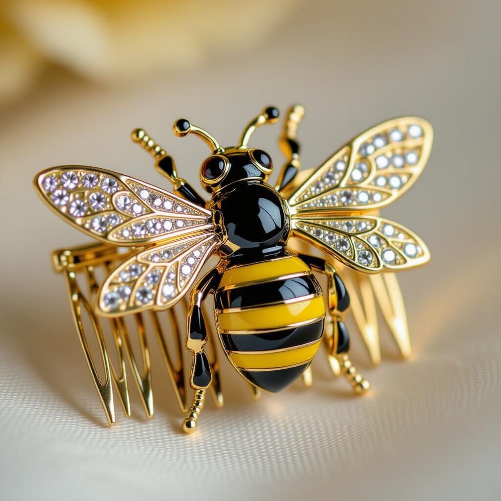 Intricate Yellow and Black Bee Hair Comb Pin with Crystal Ey...