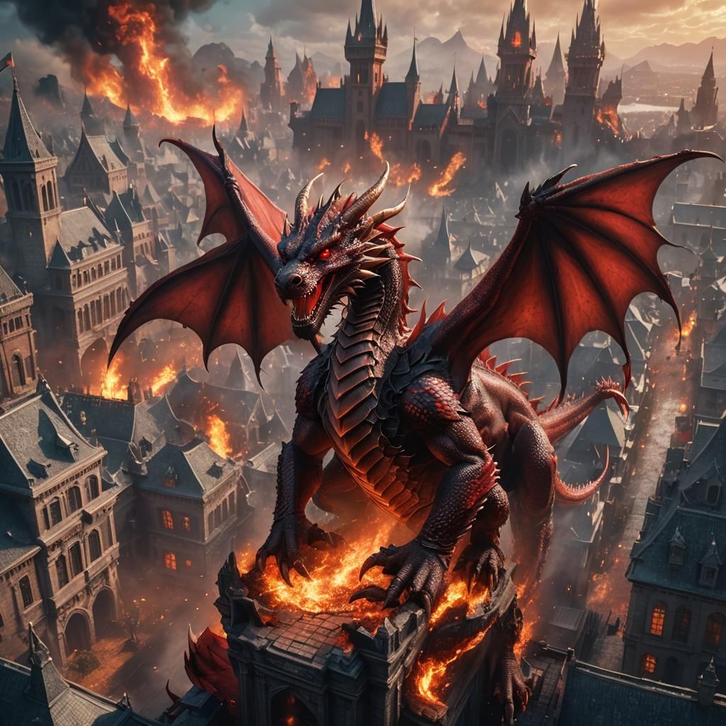 Red Dragon in Burning City, Fantasy Concept Art