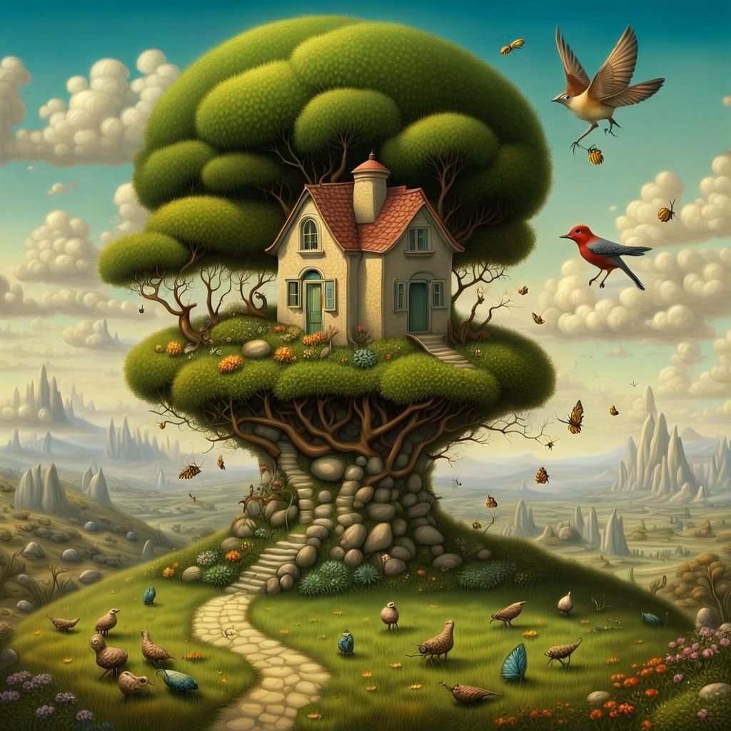 Hyperrealist Landscape with Thriving Wildlife and Home