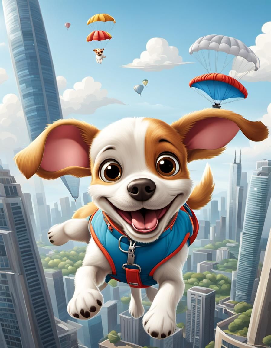 Cartoon Dog Skydiving with Polka Dot Parachute
