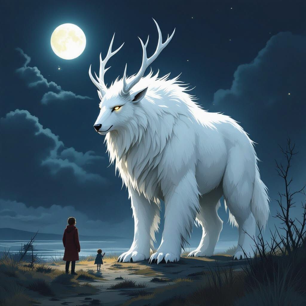 Majestic Winged Beast Protecting Humans at Night